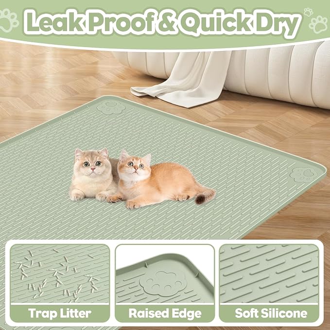 Kalolary Cat Litter Mats, 40" x 28" Extra Large Silicone Cat Mat for Litter Box, Easy to Clean Kitty Litter Trapping Mat, Soft on Kitty Paws, Waterproof, Urine-Proof Kittys Litter Mats for Floor,Green