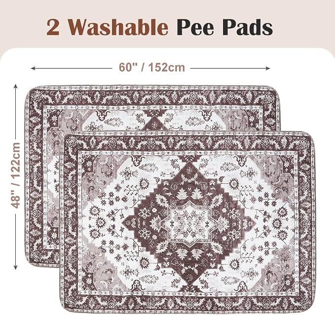 Washable Pee Pads for Dogs 2 Pack Reusable Puppy Training Pads 60"x48" Super Absorbent Waterproof Dog Training Pads, Non-Slip Potty Pads Whelping Pads Litter Mat Pet Supplies - Brown Medallion