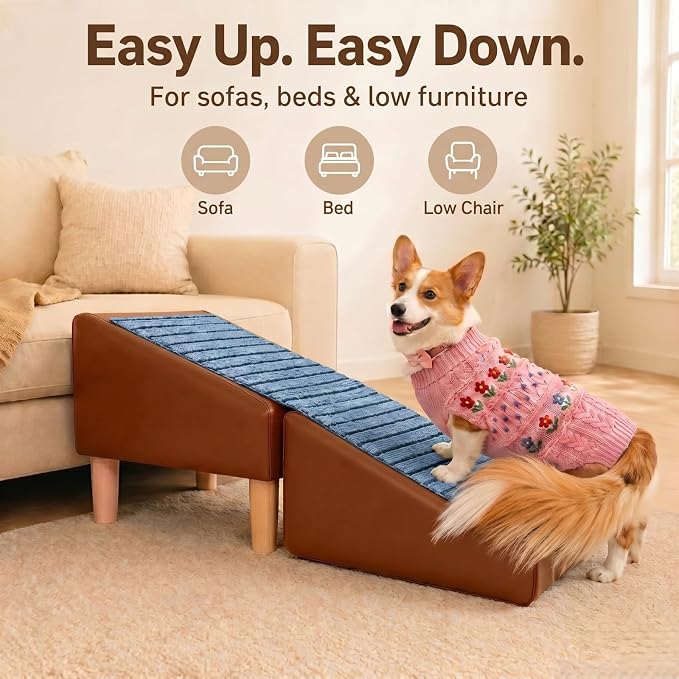 Dog Stairs for Small Dogs, Dog Stairs for Couch& Bed, Non-Slip Foldable 2-in-1 Pet Steps for Cats, Leather Ottoman (Brown, Large, 1.0)