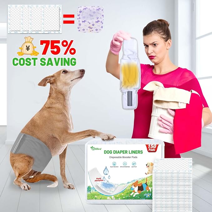 Dog Diaper Liners Booster Pads, 150ct Disposable Dog Diapers Inserts Male Female for Washable Doggie Belly Bands Wraps Covers Period Panties(Large)