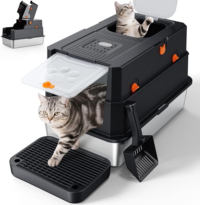 FURTIME Stainless Steel Litter Box with Lid, XL Extra Large Enclosed Cat Litter Box for Big Cats, Metal Cat Box with High Sided Enclosure & Scoop, Front & Top Entry, Odor Free, Anti-Leakage, Black