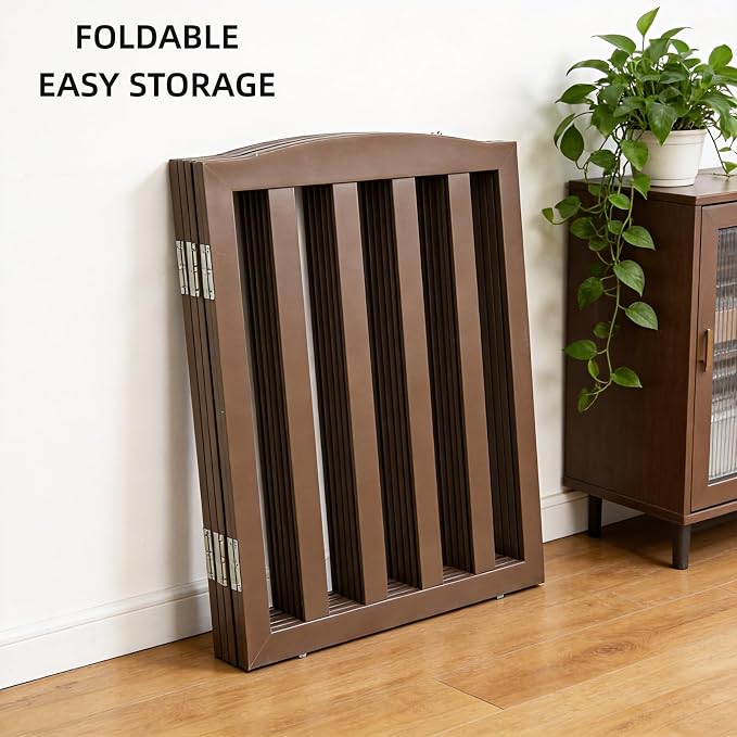 Freestanding Dog Gate Indoor,Doggie Gate Foldable Pet Gates for Doorways,Stairs or Hallways, Wooden Brown Pet Gate for the House, Pet Fence,24 "Height-3 Panels