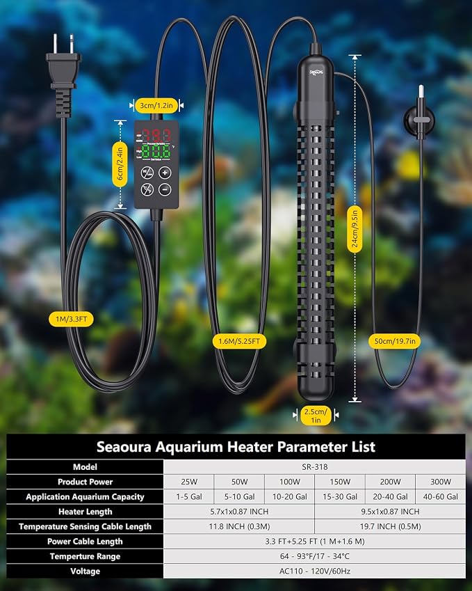 SEAOURA Aquarium Heater, 200W Fish Tank Heater for 20-40 Gallon, Small Submersible Heater for Turtle Tank with Temp Probe Digital Display Adjustable Safety Protection, Automatic Power Off