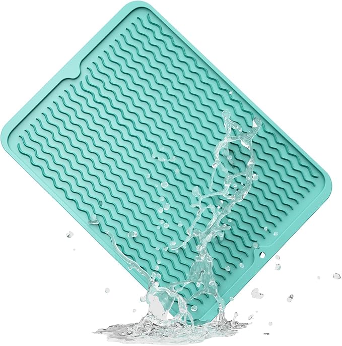 ZLR Silicone Dish Drying Mat for Kitchen Counter (12" x 16" / 307 x 405mm) - Large Fast-Dry Drainer Mat with Raised Wavy Ridges & 5mm Lip - Non-Slip, Heat Resistant 450°F, BPA-Free (Mint Green)