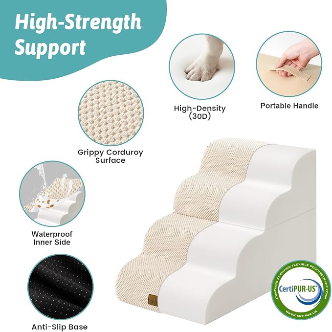 COZY KISS Detachable Dog Stairs for Small Dog, 4 Step Curved Dogs Step for Puppy or Older Cat, Ramp for Bed, Sofa, Couch or Chair, Ladder with High Density Foam, 15.7x28.3x19.7 inch, Beige