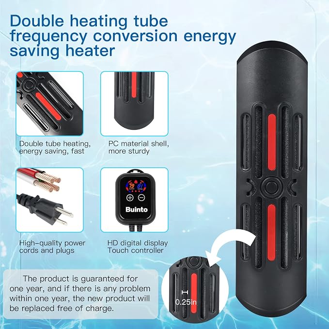 Aquarium Heater, 800W, 1200W Bold Double Quartz Tube Heater, Fast Heating, high-Definition Digital Touch Controller, Energy Saving. (Applicable to Fresh Water and sea Water) (1200W)