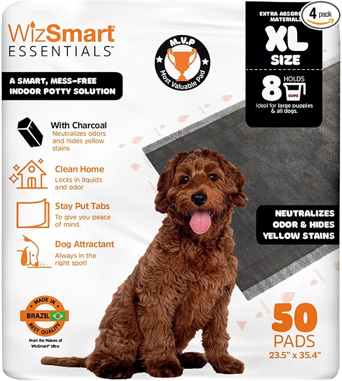 WizSmart Essentials Charcoal XL Training Pads 50 Count – XL Absorbent Puppy & Dog Potty Pads with Odor Control, Leak Resistant Floor Protection, Stay Put Tabs for Crate, Kennel, Indoor Use
