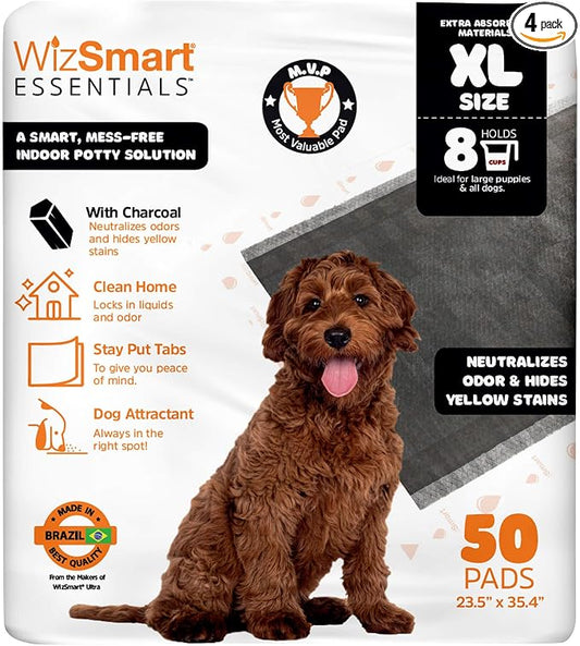 WizSmart Essentials Charcoal XL Training Pads 50 Count – XL Absorbent Puppy & Dog Potty Pads with Odor Control, Leak Resistant Floor Protection, Stay Put Tabs for Crate, Kennel, Indoor Use