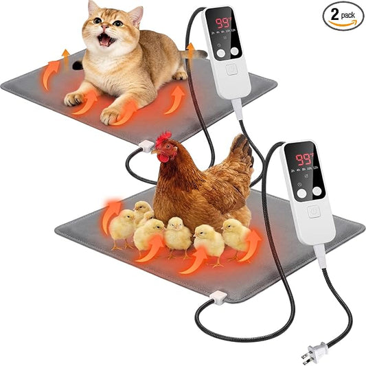 Remerry 2 Pcs Chicken Heated Pads 20 x 14 Inch Pet Heating Pad Small Animal Indoor Outdoor Heating Pad Adjustable Temperature Waterproof Heated Mat 30-Level Controller (25-60°c) with 10-Hour Timer