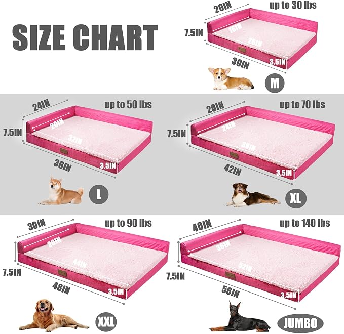 Patas Lague Orthopedic XL Dog Bed Large Sized Dog 48''X30'', Waterproof L Bolster Big Large Pet Sofa Beds with Removable Washable Cover, Soft Pet Couch Crate Mat with Nonskid Bottom, Pink