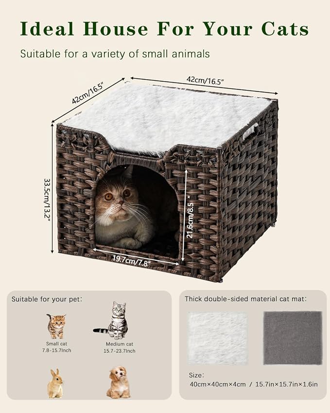 SETVSON Cat Beds Indoor Kitten House, Handwoven Rattan Cat Cave Pet Cube, Large Cat Houses, One Bed Mat, Foldable, Hideaway, 16.5x16.5x13.2 Inches, 2 S-Shaped Hooks in Living Room Bedroom Brown
