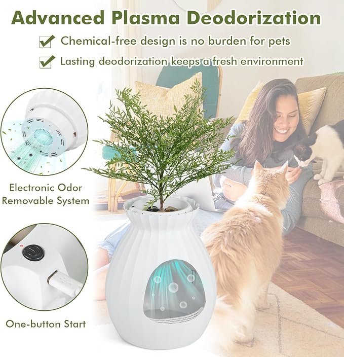 PETSITE White Plant Litter Box, Cat Hidden Litter Box Enclosure with Artificial Plant, Advanced Odor Removal System, Detachable Door Curtain, Cat Litter Scoop, Large Planter Litter Box