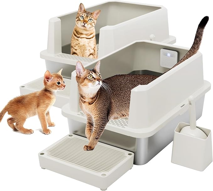 RIZZARI Beige 2-Pack Stainless Steel Cat Litter Box - Open-Top Leakproof Tray, Heavy Duty & Odor Resistant, Non-Stick Coating for Easy Cleaning, with Deodorizer, for Laundry Room or Restroom