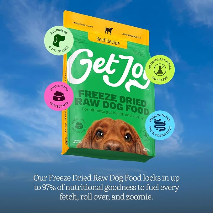 Get Joy Freeze-Dried Meal and Treats Bundle, Endurance 100% Beef Heart Dog Treats, 4 Ounce, and Gut Health Fresh Freeze Dried Raw Meal Dog Food, Beef Recipe, 32 Ounce