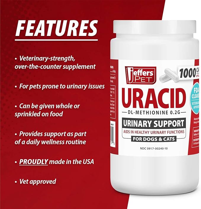 Jeffers Pet Uracid DL-Methionine Capsules for Dogs & Cats, Urinary pH Acidifier for Crystals, Bladder Stones, Urinary Tract Support, Fast Acting Urinary Health Supplement, Made in USA - 50 Capsule