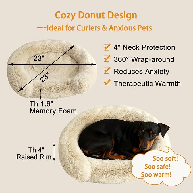 Calming Dog & Cat Beds with Orthopedic Egg-Crate Foam Raised Rim, Soft Fluffy Faux Fur Pet Bed for Small Medium Dogs, Anxiety Relief Spine Support, Machine Washable Cover (Round, Beige 23")