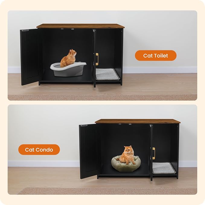 DWANTON Litter Box Enclosure, Cat Litter Box Furniture Hidden, with Scratching Mat, Wooden Cat Washroom Indoor, 31.5" L x 19.7" W x 21.7" H, Black and Warm Brown