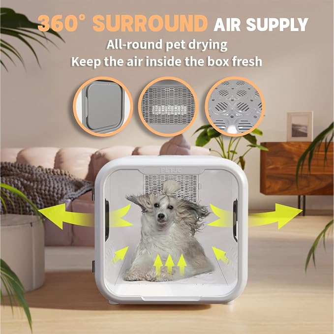 Automatic Pet Dryer Box for Cats and Small Dogs,Ultra Quiet Dog Hair Dryer 71L Capacity with Smart Temperature Control and 360 Drying(White-Standard)