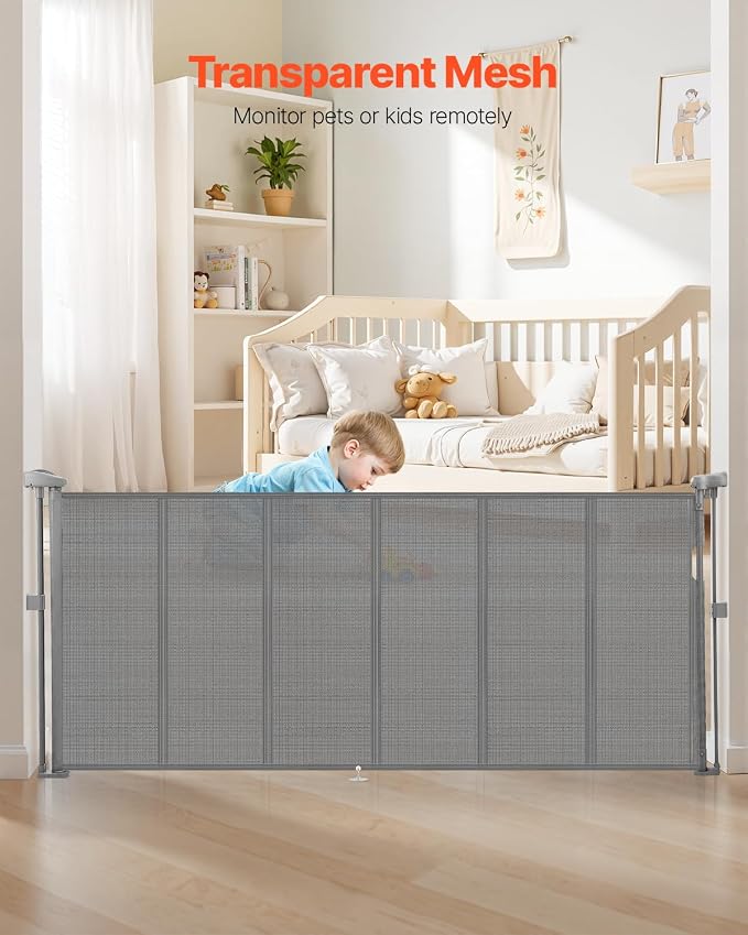 VEVOR Retractable Baby Gate, 34 inch Tall, Extends up to 71 inch Wide, Retractable Gate for Kids or Pets, Mesh Material, Easy to Install for Indoor Stairs, Doorways, Hallways, Playrooms, Gray