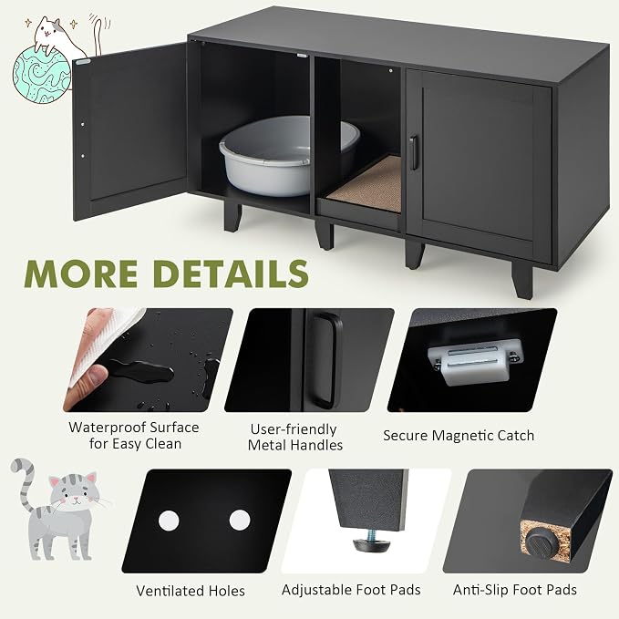 Tangkula Patented Double Cat Litter Box Enclosure for 2 Cats, Large Hidden Privacy Cat Washroom Cabinet with Scratching Board, Indoor Cat House TV Stand Side Table, Litter Box Furniture (Black)