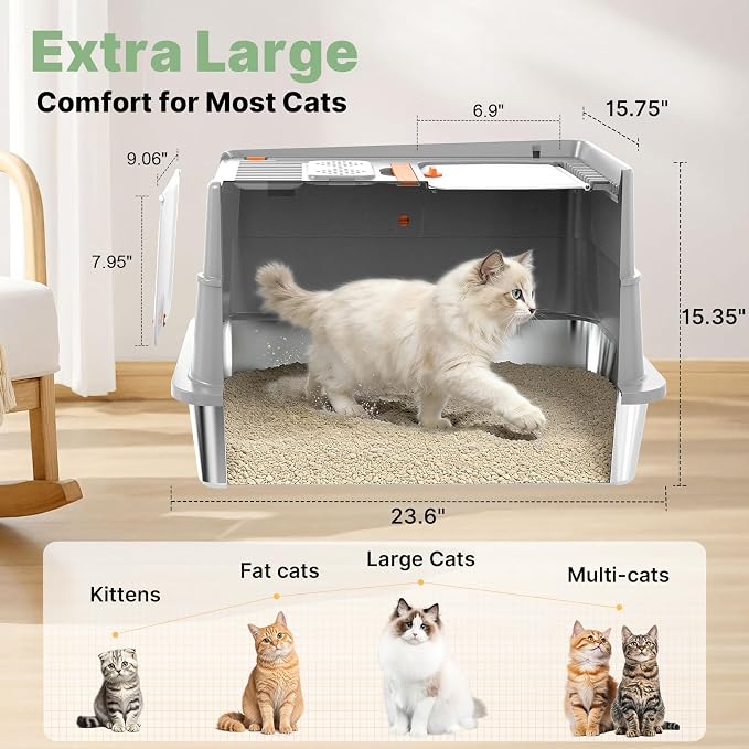 Stainless Steel Litter Box with Flip Lid, XL Extra Large Cat Litter Box with High Sided Top Entry Design, Anti-Leakage Enclosed Metal Litterbox for Big Cats, with Handle, Mat, Pedal & Scoop Light Grey