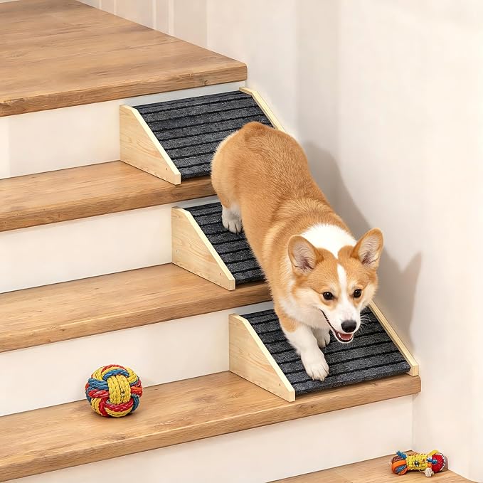 TIMHAKA 3 Pack Dog Ramp for Stairs, Upgraded Widened Non-Slip Dog Stairs for Small Medium Dogs, Wooden Pet Steps for Staircase, Steps and Stairs Assist for Injured & Aged Pets
