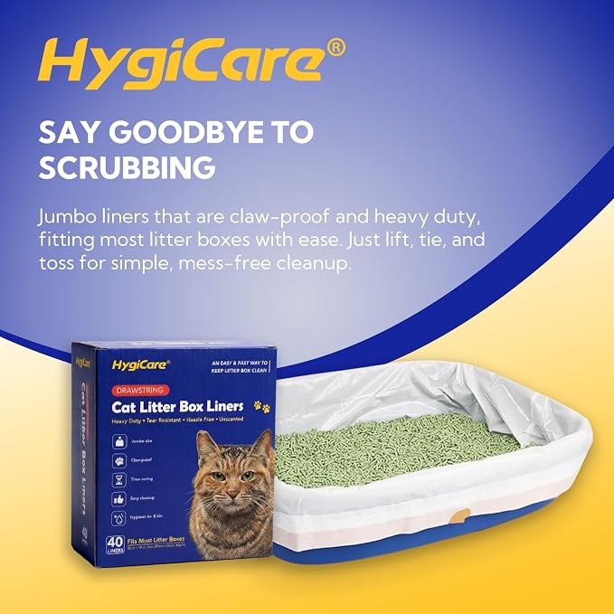 HygiCare Pre-separated Cat Litter Box Liners, Jumbo Size, Heavy Duty, Sturdy Drawstring, Tear Resistant, Claw-proof, Unscented, 36"x18", 40 Count