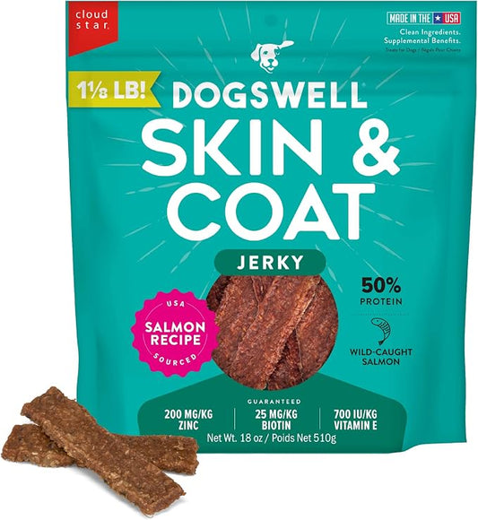 DOGSWELL Skin & Coat Jerky Dog Treats, Salmon, 18 oz. Pouch