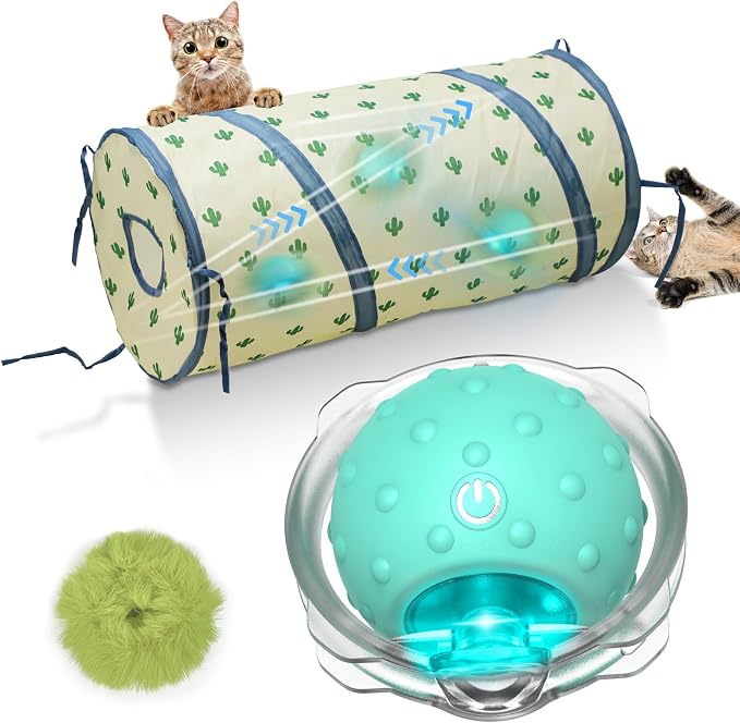 Saolife Interactive Cat Toys Ball for Indoor Cats Fast Rolling in Tunnel, Motion Activate Cat Toy with Chirping, Hide and Seek Mouse Catching Toy (Green)