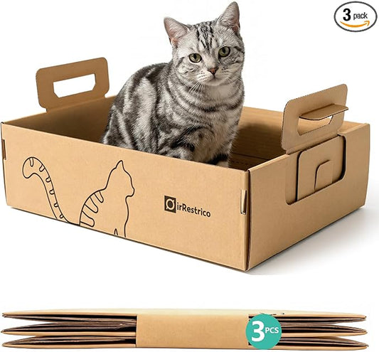 3-Pack Large Disposable Cat Litter Box, Recyclable Cardboard, Waterproof & Leak-Resistant, Portable for Travel, Temporary and Home Use