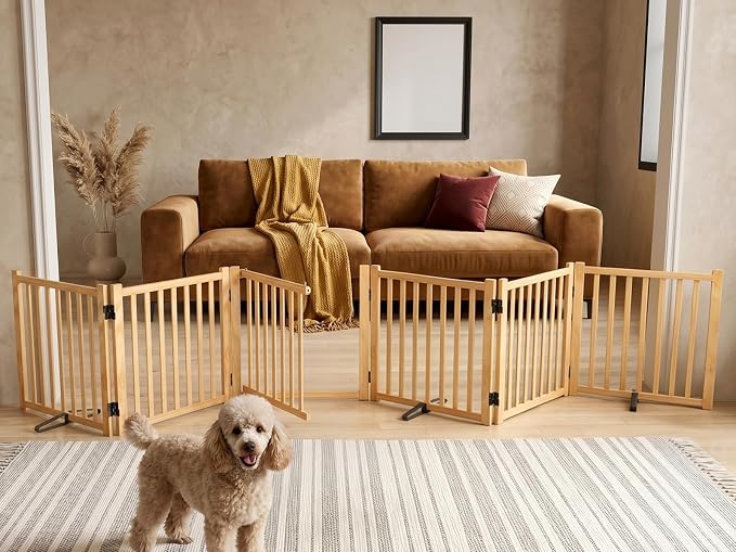 Freestanding Dog Gate Indoor, 23" H Wooden Dog Gates with Door Walk Through, No-Painted Folding Pet Fence for Stairs Doorway- 6 Panels