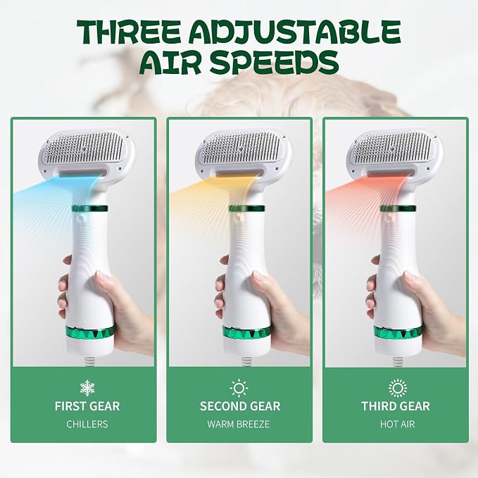 Pet Hair Dryer with Slicker Brush - 3 Heat Settings, One-Button Hair Removal, Portable Dog Blower - Professional Home Grooming Furry Drying for Small Large Cat Dog