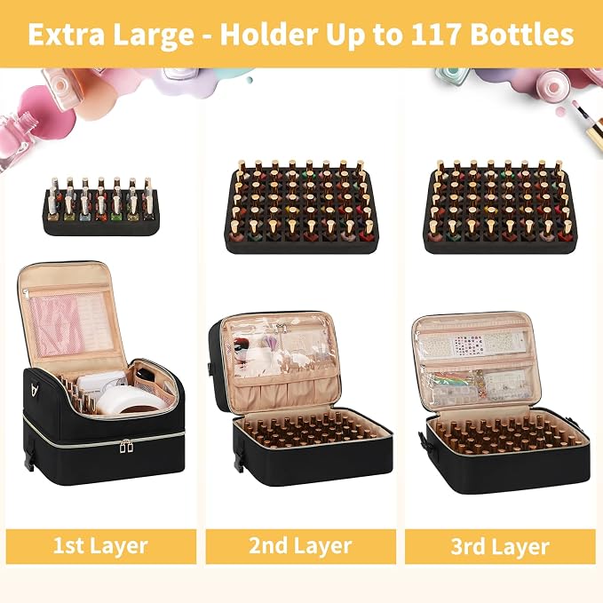 CUBETASTIC Portable Nail Polish Organizer Case Holds 117 Bottles - 3-Layer Nail Tech Kit with Storage Bag & Shoulder Strap, Extra Large Nail Supplies Travel Carrying Box