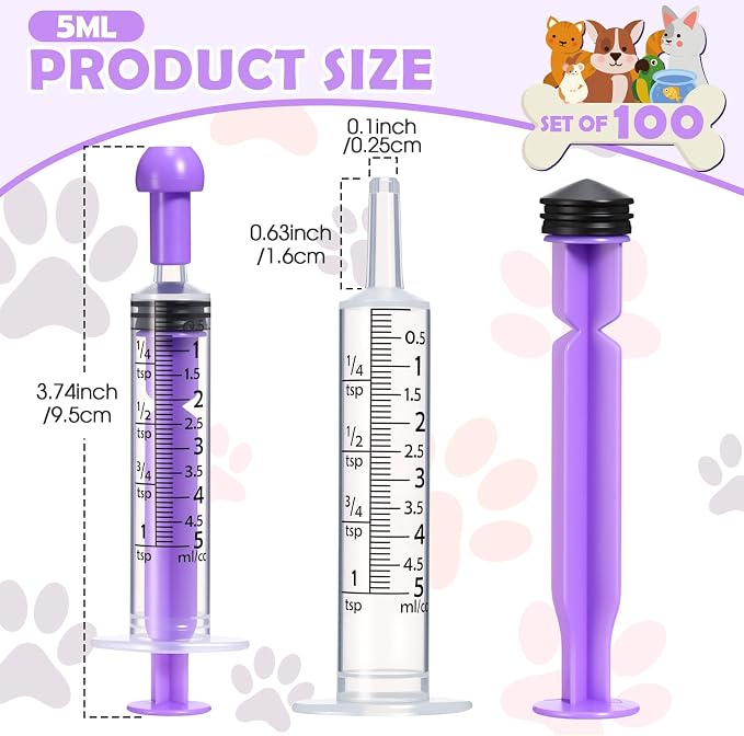 TrelaCo 100 Pack 5ml Syringes with Caps, Colored Plastic Measuring Syringe for Liquid, Pet Feeding, DIY, Party, Craft, Individually Sealed and Wrapped(Purple)