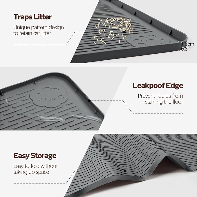 Cat Litter Mat, XL Extra Large 40" x 40" Silicone Mat Litter Trapping Mat for Scatter Control, Soft on Kitty Paws, Easy to Clean (Dark Grey)