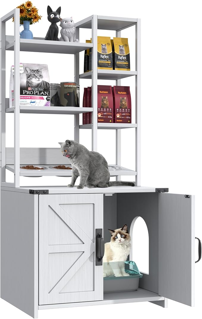 Kepptory Wooden Cat Litter Box Enclosure Furniture with Open Storage Shelves, Hidden Kitty Litter Box Cabinet Side Entrance, Multi-Purpose Cat House Cat Feeder Stand for Indoor Cats, White