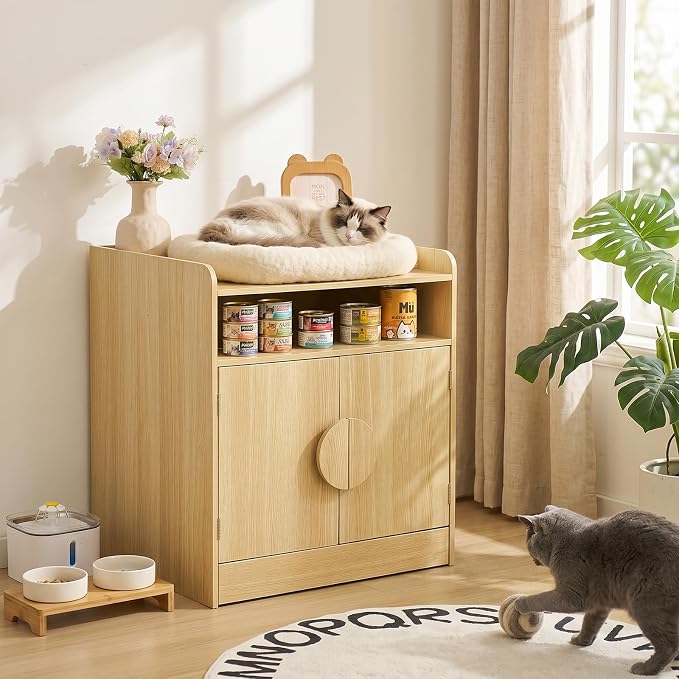 Cat Litter Box Enclosure with Pull-Out Drawer, Hidden Cat House Furniture with Storage Shelf & Cat Door, Indoor Kitty Washroom Cabinet with Litter Scoop Holder, Natural Wood