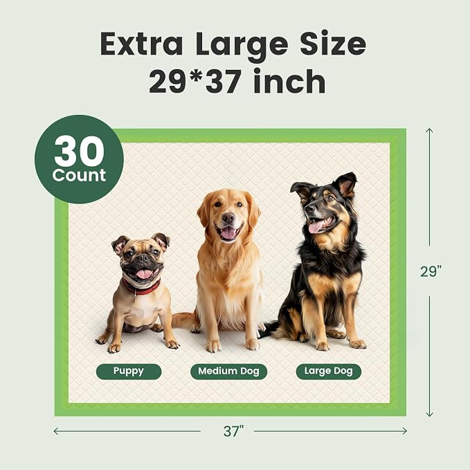 Gardner Pet Dog Pee Pads Extra Large 29"x37", XL Thicker ECO Green Disposable XLarge Puppy Training Pads Super Absorbent Full Edge-Wrapping Pad for Dogs, Puppies, Doggie, Cats, Rabbits-(30 Count)