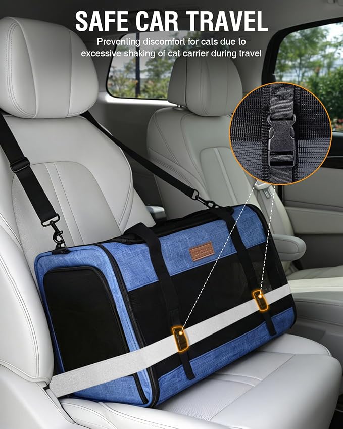 PETUX Large Pet Carrier for Large Cats up to 20 lb for Travel | Top & Side Entry, 4 Side Breathable, Foldable Soft Cat Travel Carrier with Safety Car Seat Buckle & Anti-Scratch Mesh, Blue