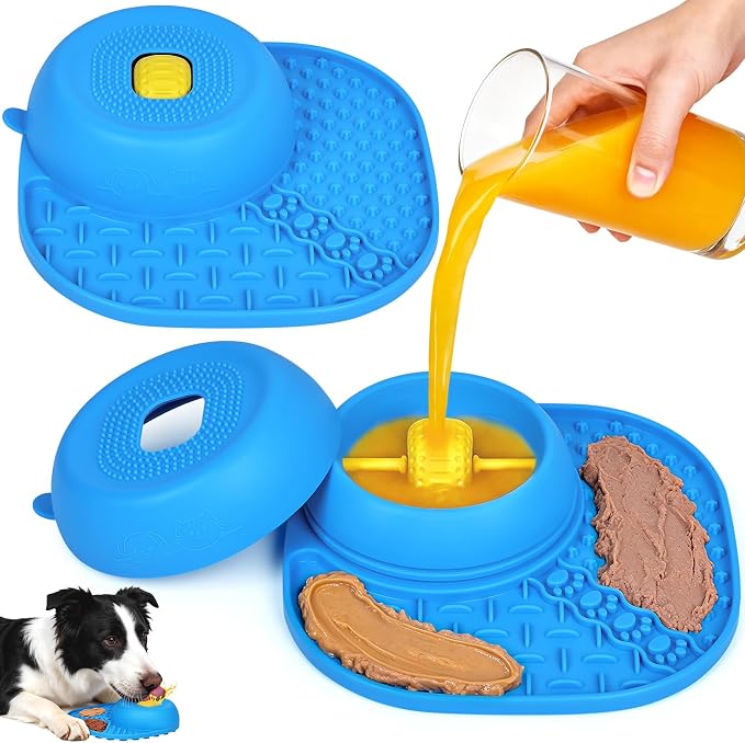 Dog Licking Bowl with Rolling Ball - 2-in-1 Anti-Slip Slow Feeder Dog Bowls w/Lick Mat for Liquid and Thick Treat, 150ml Licking Bowl for Anxiety Relief, Fits Small Medium Large Dogs & Cats Blue 1Pcs