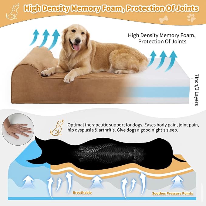 Rainmr Orthopedic Dog Beds for Large Dogs, 7" Memory Foam Dog Beds with Waterproof Liner, Durable Microsuede Cover, Removable and Washable, Nonskid Bottom, 48"x30"x7" L Khaki