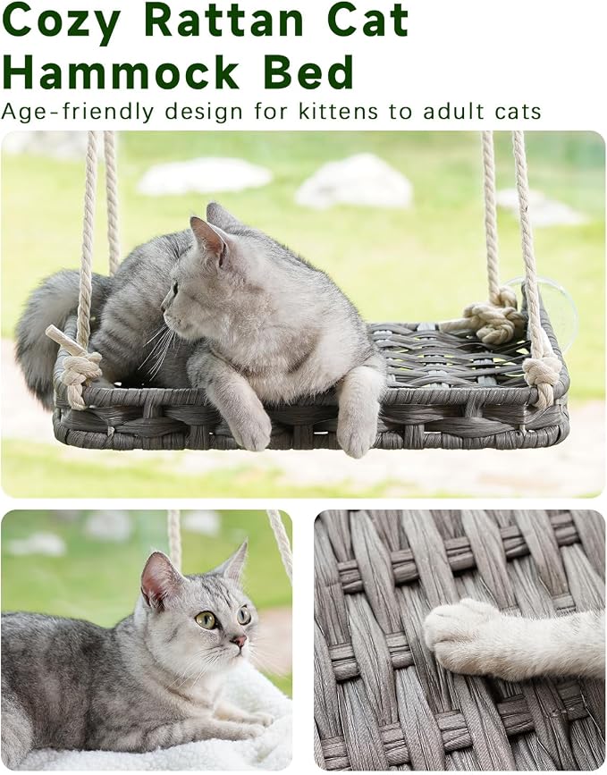 SETVSON Cat Window Perch, Cat Window Hammock Bed for Indoor Cats, Large Handwoven PE Rattan Window Seat, 4 Suction Cups, Double Sided Washable Cushion Bed, 2.3 Inch Fence Shelf, for Pet Kittens Gray