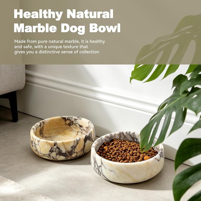 Karibiber Calacatta Marble Dog Bowl, 5lbs Weighted Dog Food Bowl, Non-Slip Large Heavy Water Bowls, Cute Purple Stone Food and Water Dish for Medium Dogs, Natural Marble, Easy to Clean, Holds 4 Cups