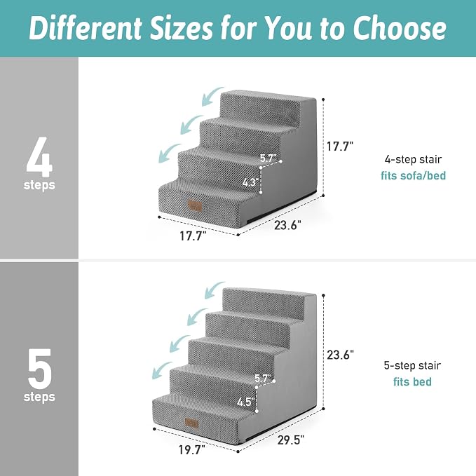 COZY KISS Dog Stairs for Small Dogs, 5 Tier Wider Pet Stairs for High Beds, 23.6" H Non-Slip Dog Steps for Old Cats, Puppies, Small Medium Dogs, 19.7x29.5x23.6 inch, Grey