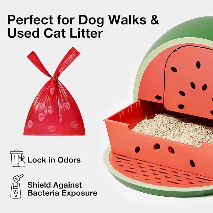 VETRESKA Dog Poop Bags with Handles 450 Count, Strawberry Scented Waste Bags, Leak-Proof Thick Dog Bags for Poop, Easy-Tie Large Poop Bags, 30 Refill Rolls with 1 Dispenser for Dog Walking Cat Litter