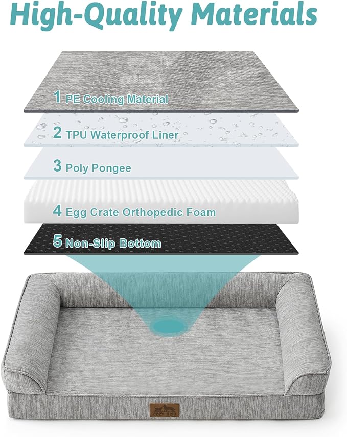 COZY KISS Cooling Dog Bed for Extra Large Dogs, 48"x32" Orthopedic Foam Sofa with Bolster Sides, Q-Max >0.4 Cooling Technology, Cool Pet Bed with Removable Washable Cover, Grey