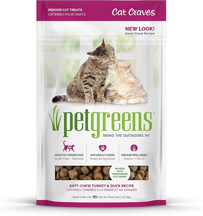 Pet Greens Soft-Chew Indoor Cat Treats Infused with 4 Pack of Semi-Moist Craves Savory Salmon, Deep Sea Tuna, Roasted Chicken and Turkey and Duck Flavored Treats