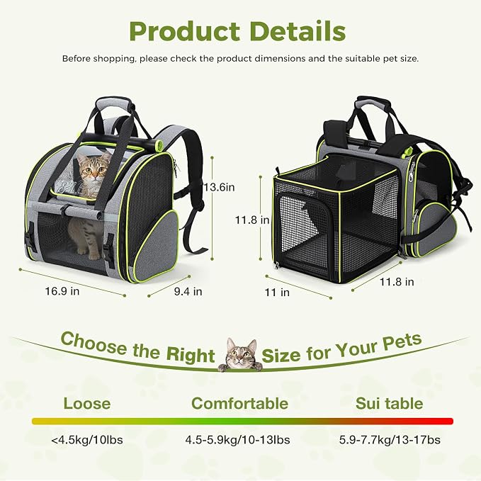 Lekereise Widened Pet Backpack Travel, Wide Pet Carrier Backpack for Cats and Small Dogs up to 18 lbs, Breathable Mesh Backpack Carrier with Sun Shade, Leash, Hand Carry for Travel Vet Car, Gray