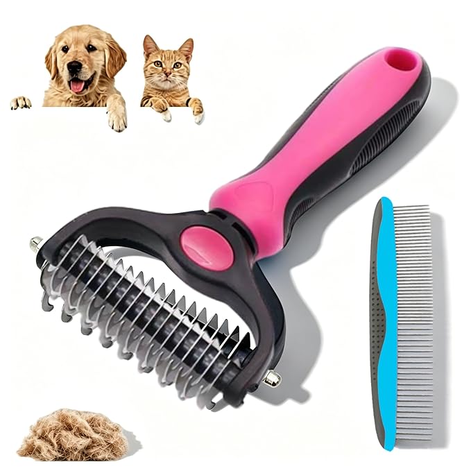 Double-sided Deshedding Pet Brush - Dual-Sided, Ergonomic & Gentle for Dogs & Cats, 2027 New Dematting Comb for Dogs Cats for Matted Fur (Pink)
