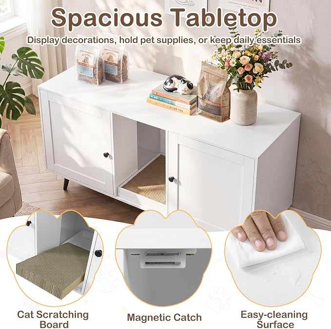 Tangkula Double Cat Litter Box Enclosure, Large Hidden Wooden Cat Cabinet for 2 Cats with Scratching Pad, Double Rooms, Versatile TV Stand Side Table for Indoor Living Room (White)